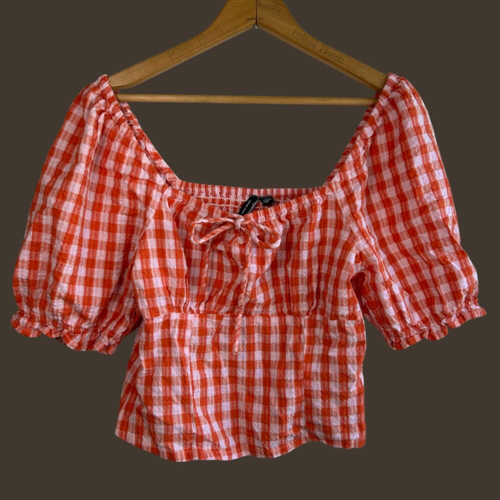 Vero Moda Gingham Puff Sleeve Smocked Tie Front Top